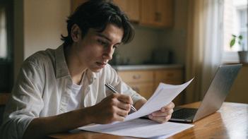 Un jeune adulte assis à sa table de cuisine consulte des documents et un ordinateur portable pour vérifier les conditions d'âge RSA.