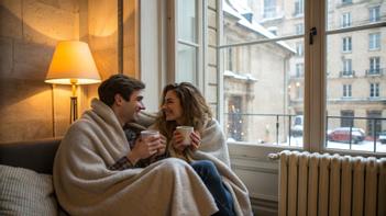 Un jeune couple enveloppé dans des plaids, installé sur le canapé d'un appartement parisien chauffé, pendant la trêve hivernale.