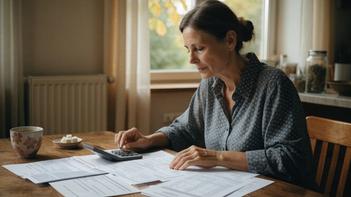 Femme examinant ses factures et ses papiers avec une calculatrice à la table de sa cuisine pour comprendre ce qui change en novembre