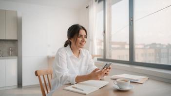 Giovane donna seduta al tavolo della cucina che sorride guardando lo smartphone accanto a quaderno e documenti, per scoprire cosa succede dopo la simulazione WIZBII