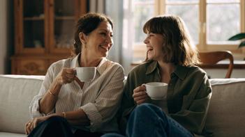 Une mère et sa fille de 20 ans discutent sur le canapé du salon, illustrant la question de l'allocation familiale jusqu'à quel âge