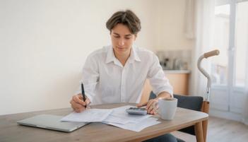 Un jeune adulte en situation de handicap examine des documents avec une calculatrice à son domicile pour estimer le montant AAH entre 50 et 79 % d'incapacité.