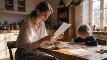 Une femme lit un courrier à sa table de cuisine pendant que son jeune enfant dessine, dans une ambiance de fin d’année, au sujet de la prime de Noël CAF