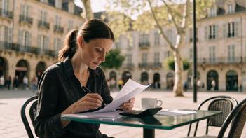 Femme assise en terrasse de café sur une place de ville française, qui relit des documents avec une calculatrice, illustration du baromètre aides financières par région