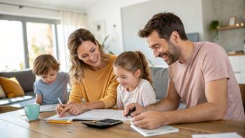 Deux parents et leurs enfants remplissent des documents et utilisent une calculatrice autour de la table du salon, pour illustrer l'allocation familiale 3 enfants.