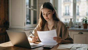 Jeune femme assise à une table en bois qui lit un courrier de trop-perçu CAF, un stylo à la main, à côté d'un ordinateur portable et d'une calculatrice