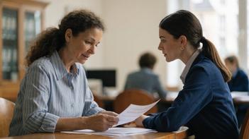 Une femme et une travailleuse sociale examinent des documents ensemble lors d'un rendez-vous pour obtenir une aide financière en urgence